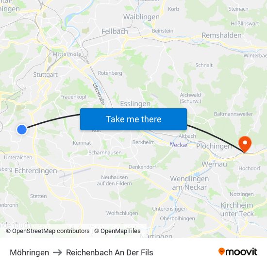 Möhringen to Reichenbach An Der Fils map