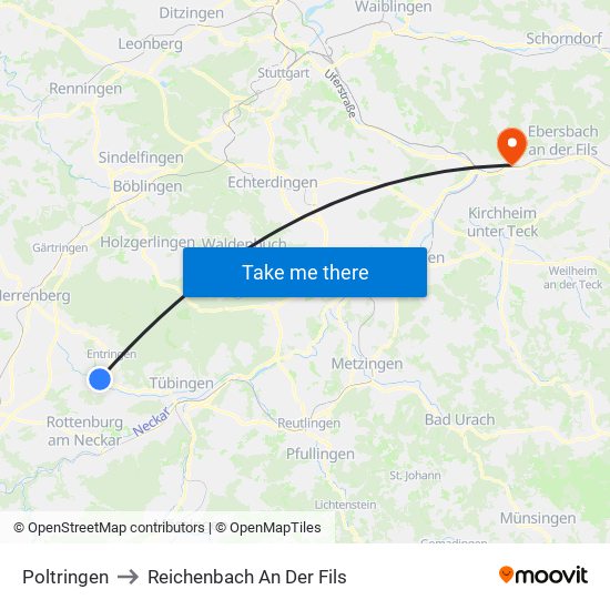 Poltringen to Reichenbach An Der Fils map