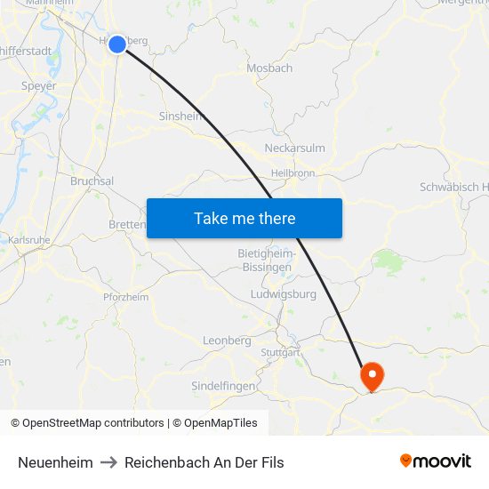 Neuenheim to Reichenbach An Der Fils map