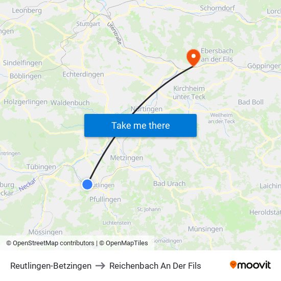 Reutlingen-Betzingen to Reichenbach An Der Fils map