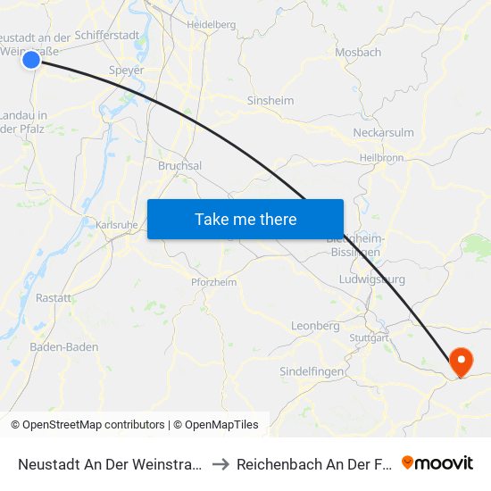 Neustadt An Der Weinstraße to Reichenbach An Der Fils map