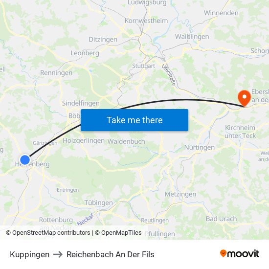 Kuppingen to Reichenbach An Der Fils map