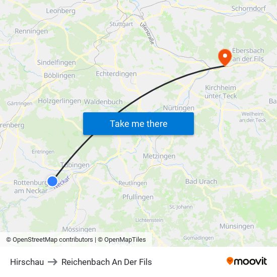 Hirschau to Reichenbach An Der Fils map