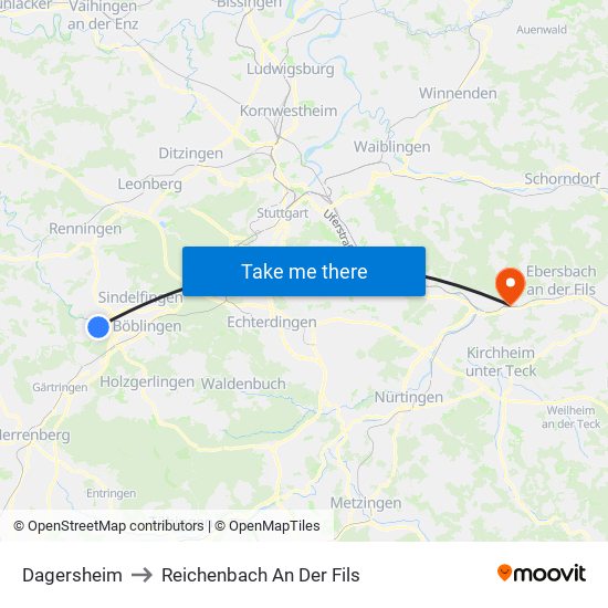 Dagersheim to Reichenbach An Der Fils map