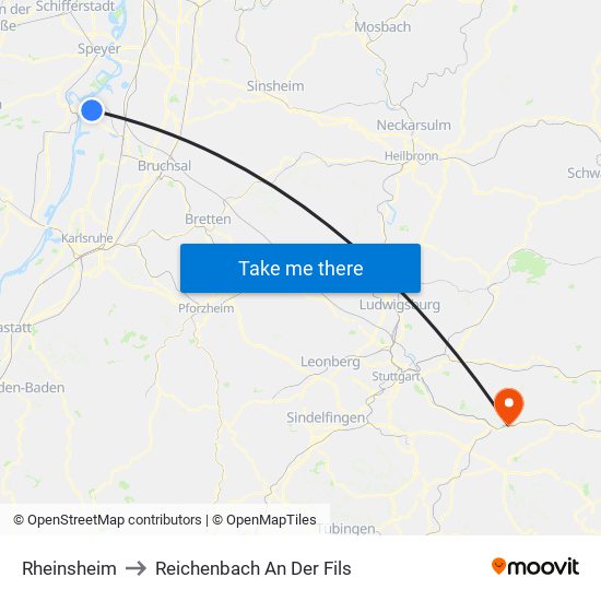 Rheinsheim to Reichenbach An Der Fils map