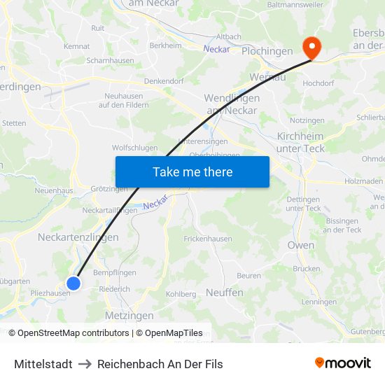 Mittelstadt to Reichenbach An Der Fils map