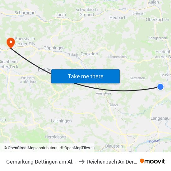 Gemarkung Dettingen am Albuch to Reichenbach An Der Fils map