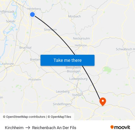 Kirchheim to Reichenbach An Der Fils map