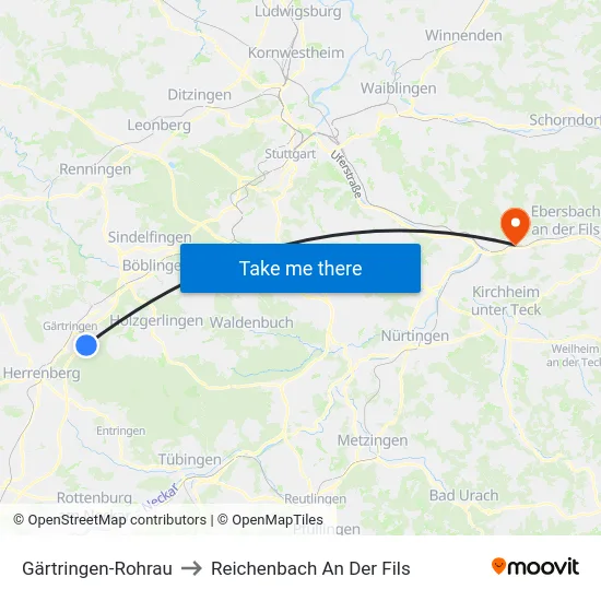 Gärtringen-Rohrau to Reichenbach An Der Fils map
