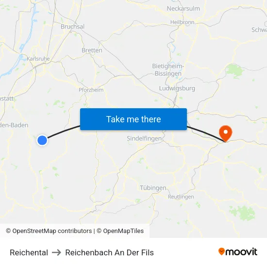Reichental to Reichenbach An Der Fils map