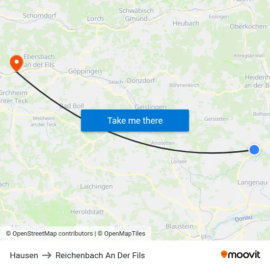 Hausen to Reichenbach An Der Fils map