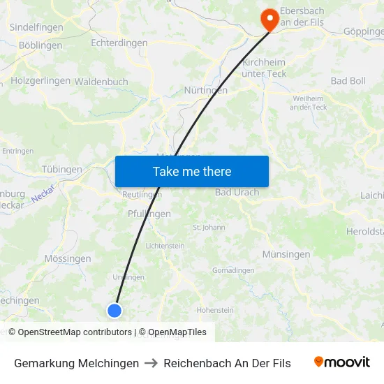 Gemarkung Melchingen to Reichenbach An Der Fils map