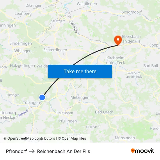 Pfrondorf to Reichenbach An Der Fils map