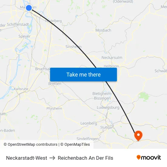 Neckarstadt-West to Reichenbach An Der Fils map