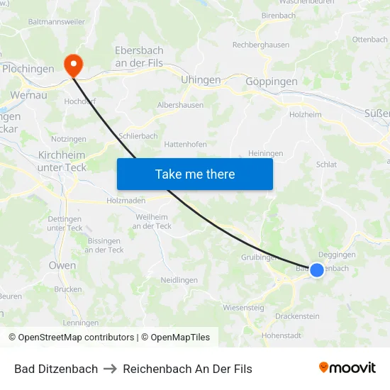 Bad Ditzenbach to Reichenbach An Der Fils map