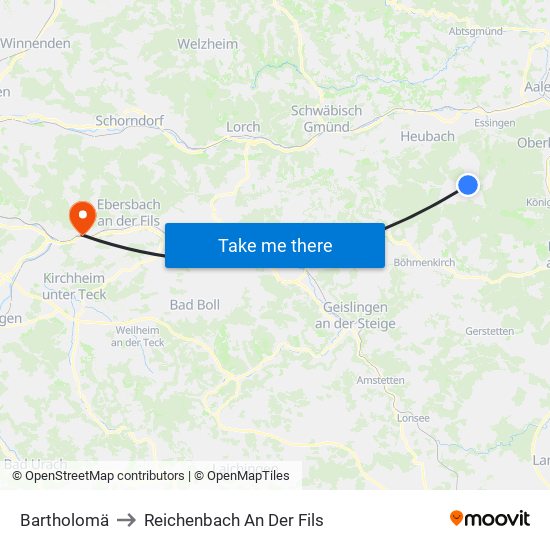 Bartholomä to Reichenbach An Der Fils map
