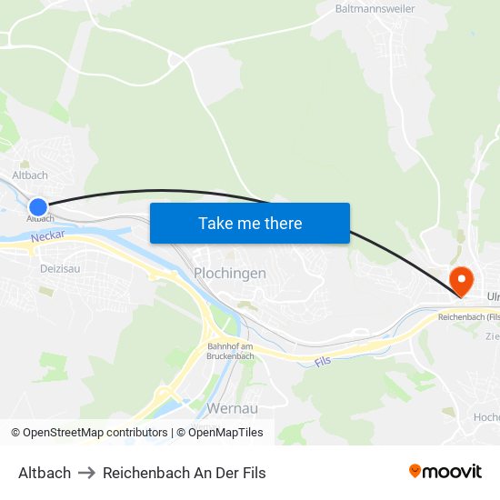 Altbach to Reichenbach An Der Fils map