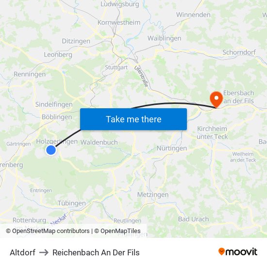 Altdorf to Reichenbach An Der Fils map