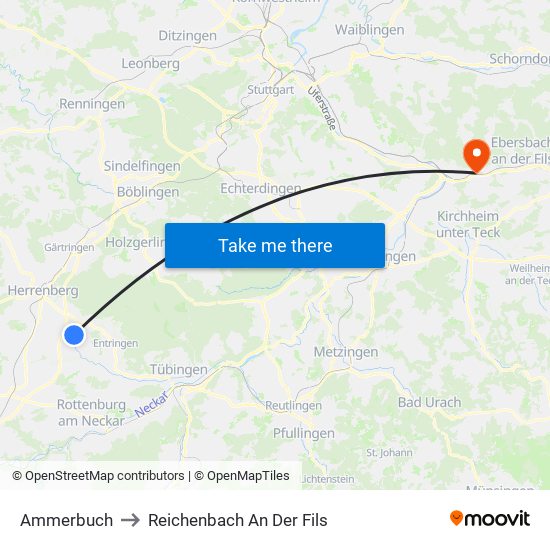 Ammerbuch to Reichenbach An Der Fils map