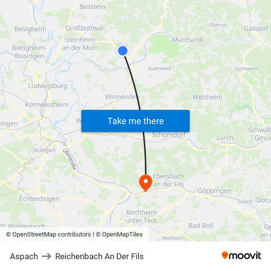 Aspach to Reichenbach An Der Fils map