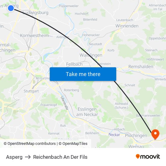 Asperg to Reichenbach An Der Fils map