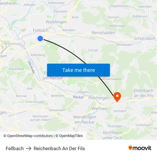 Fellbach to Reichenbach An Der Fils map