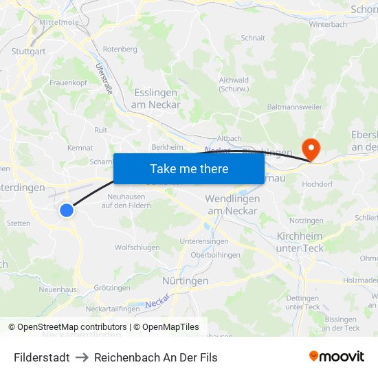 Filderstadt to Reichenbach An Der Fils map