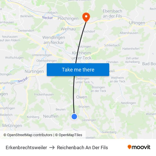 Erkenbrechtsweiler to Reichenbach An Der Fils map