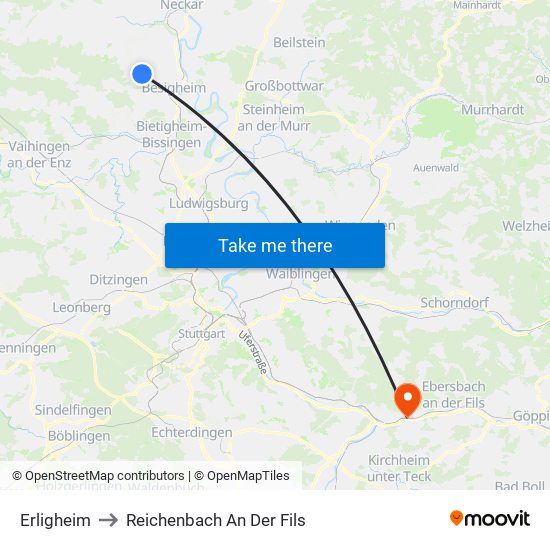 Erligheim to Reichenbach An Der Fils map
