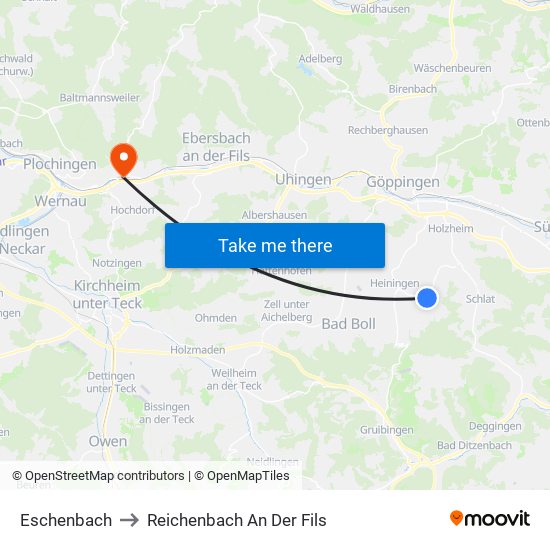 Eschenbach to Reichenbach An Der Fils map
