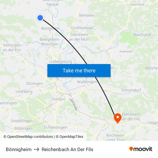 Bönnigheim to Reichenbach An Der Fils map