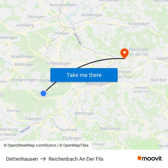 Dettenhausen to Reichenbach An Der Fils map