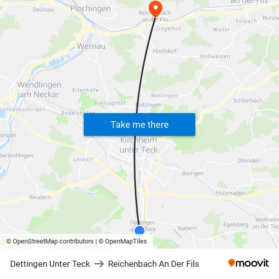 Dettingen Unter Teck to Reichenbach An Der Fils map