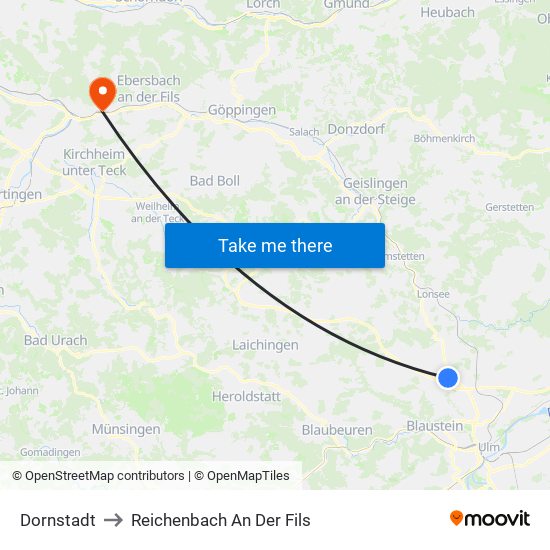 Dornstadt to Reichenbach An Der Fils map