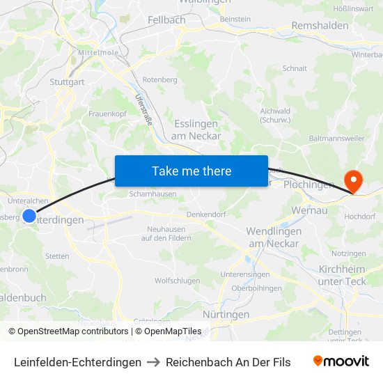 Leinfelden-Echterdingen to Reichenbach An Der Fils map