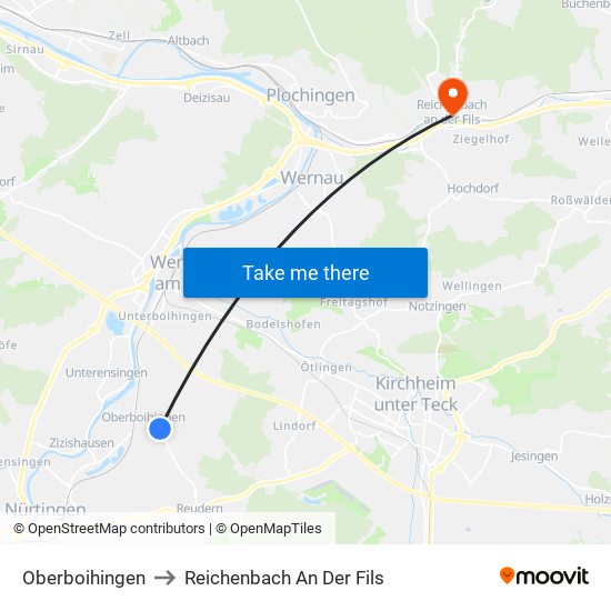 Oberboihingen to Reichenbach An Der Fils map