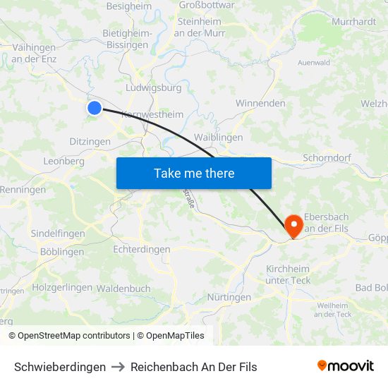 Schwieberdingen to Reichenbach An Der Fils map