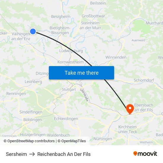 Sersheim to Reichenbach An Der Fils map