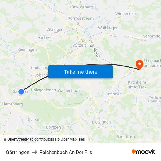 Gärtringen to Reichenbach An Der Fils map