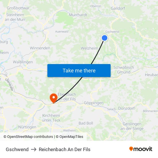 Gschwend to Reichenbach An Der Fils map