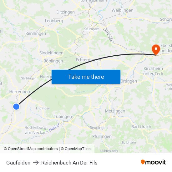 Gäufelden to Reichenbach An Der Fils map