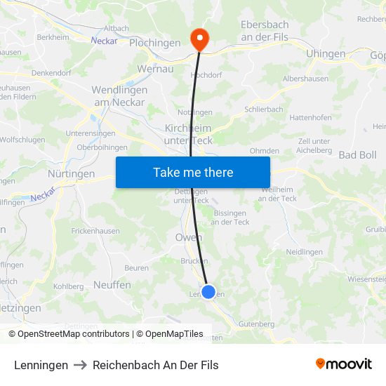 Lenningen to Reichenbach An Der Fils map