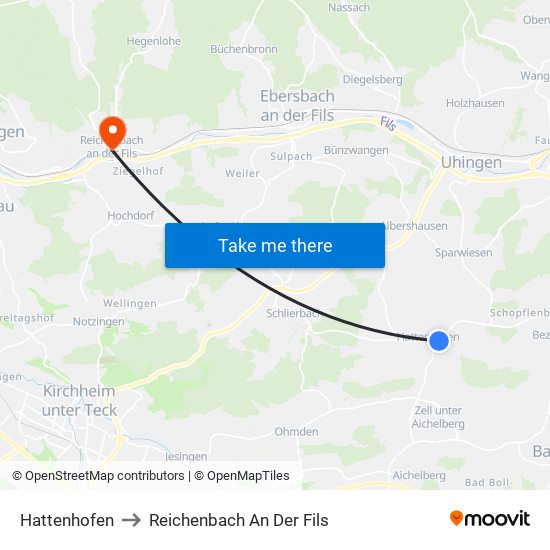 Hattenhofen to Reichenbach An Der Fils map