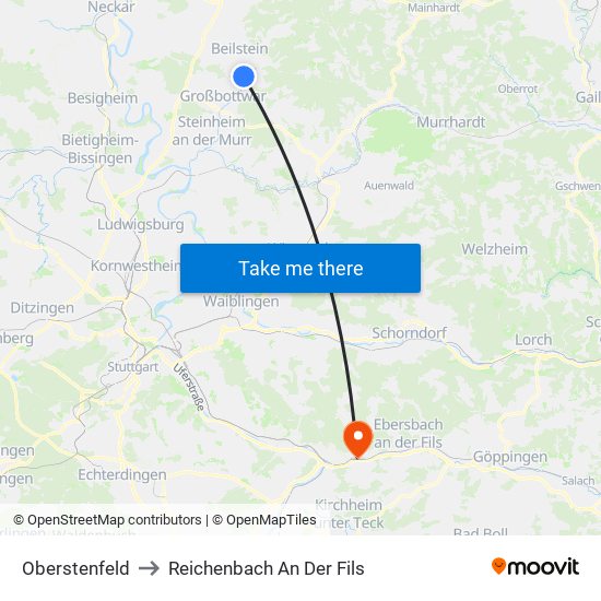 Oberstenfeld to Reichenbach An Der Fils map