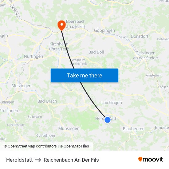 Heroldstatt to Reichenbach An Der Fils map