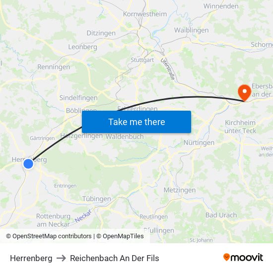 Herrenberg to Reichenbach An Der Fils map