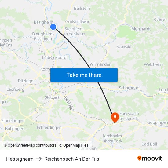 Hessigheim to Reichenbach An Der Fils map