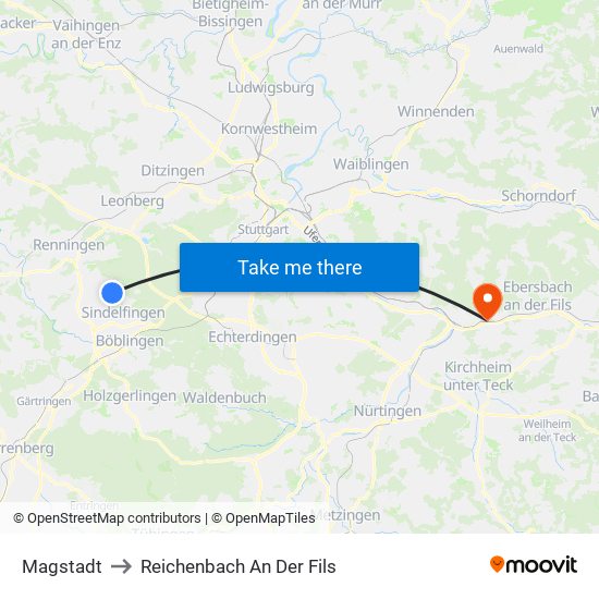 Magstadt to Reichenbach An Der Fils map