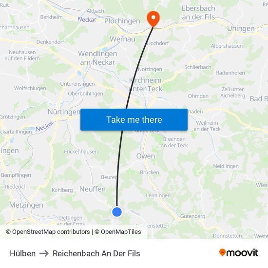 Hülben to Reichenbach An Der Fils map
