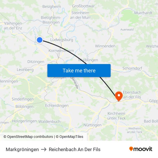 Markgröningen to Reichenbach An Der Fils map